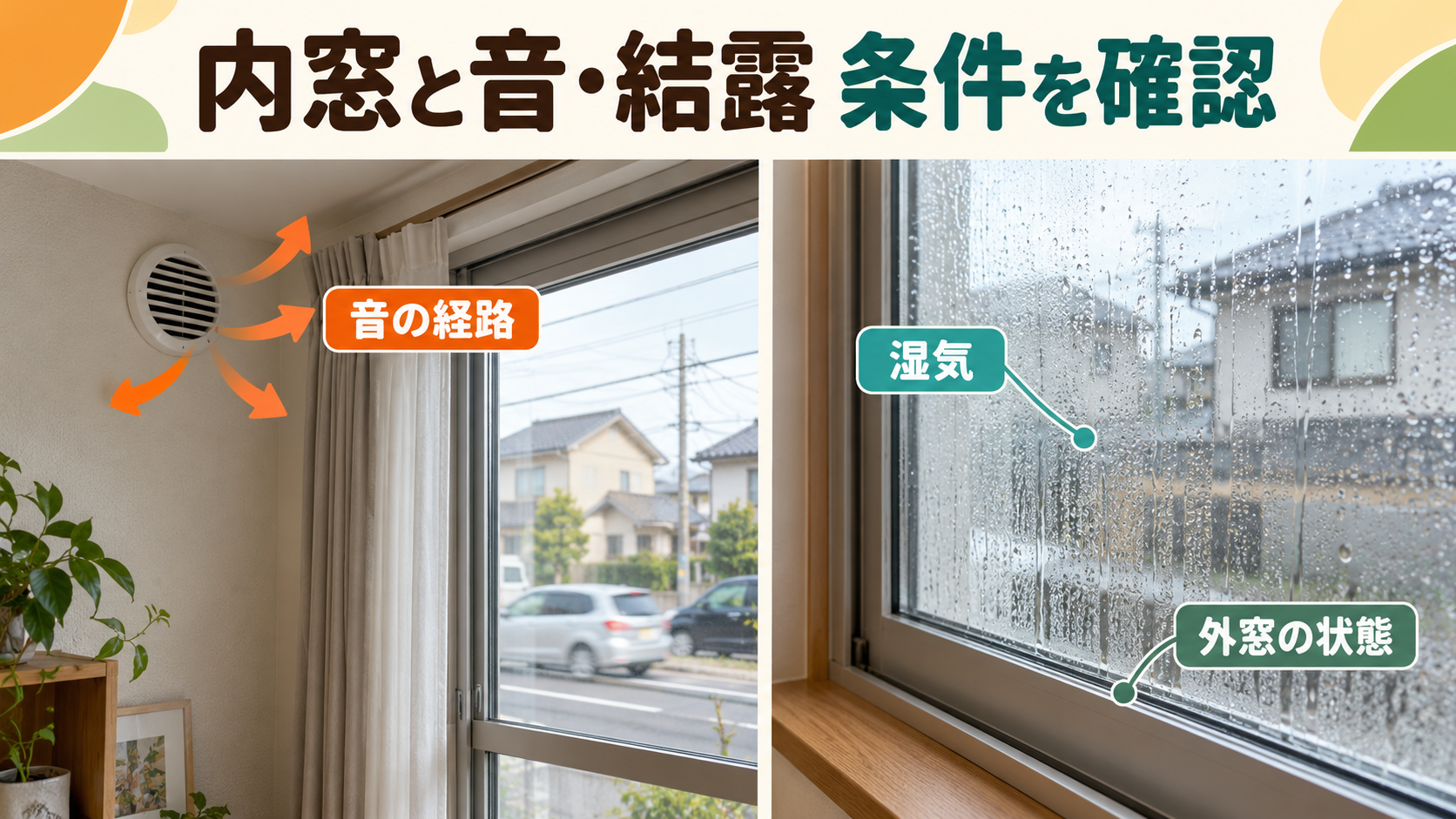 外の音の通り道と窓間の結露をそれぞれ確認するイメージ