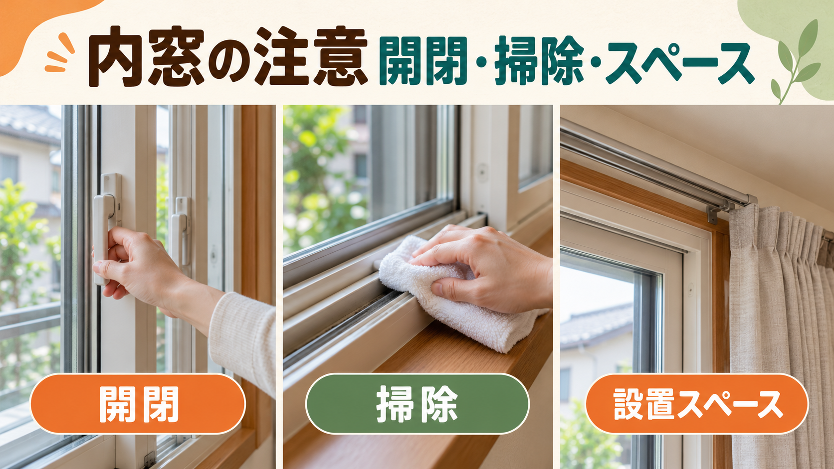 内窓の二重の開閉と掃除とカーテンの干渉を確認する様子