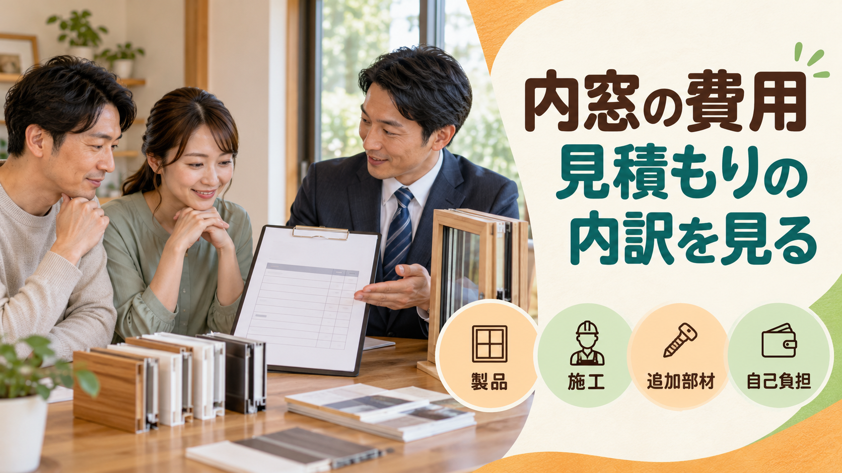 製品と施工費と追加部材と自己負担を分けて見積書を確認する様子