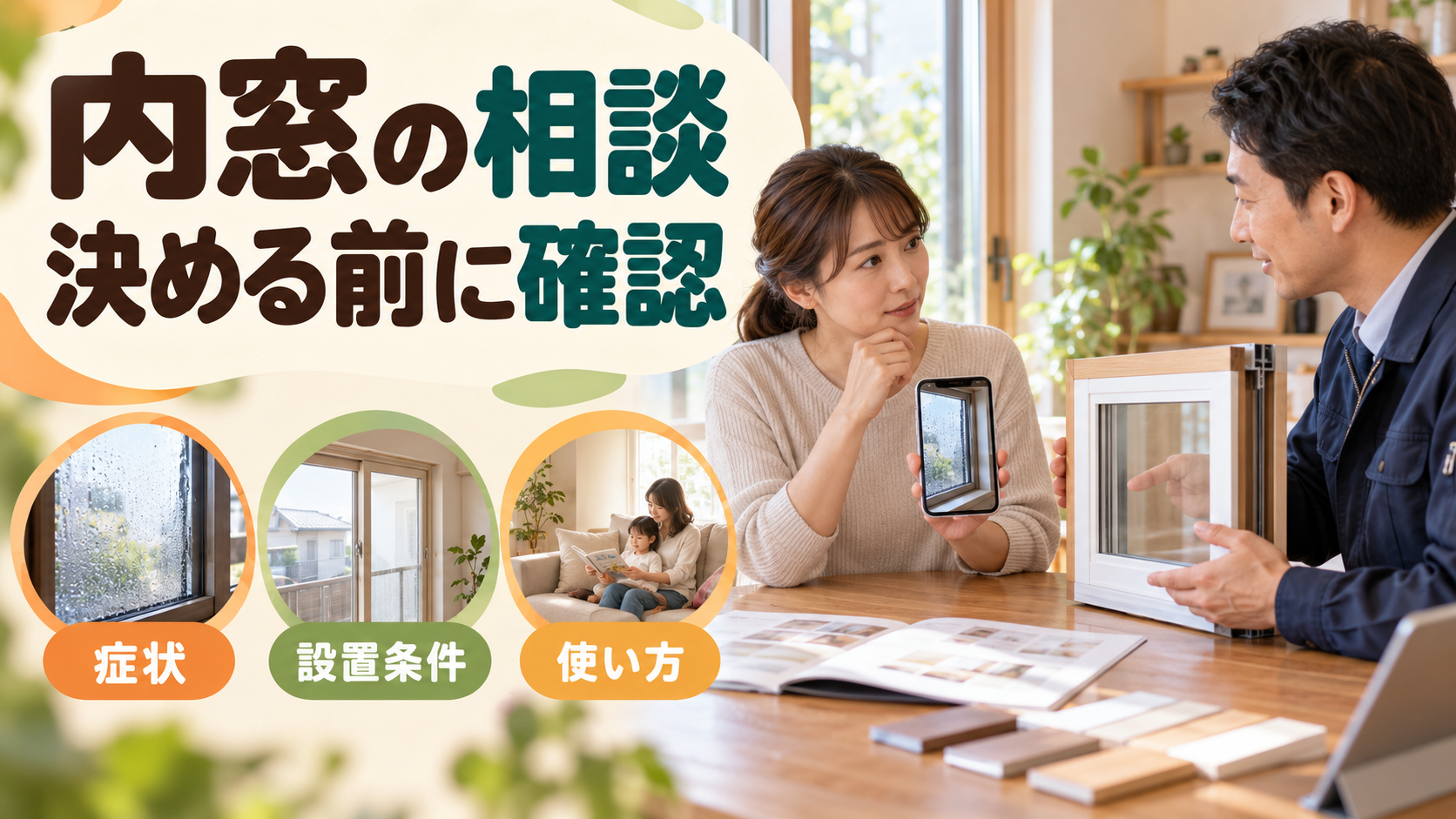 内窓の必要性と設置可否を窓の写真を見ながら相談する様子