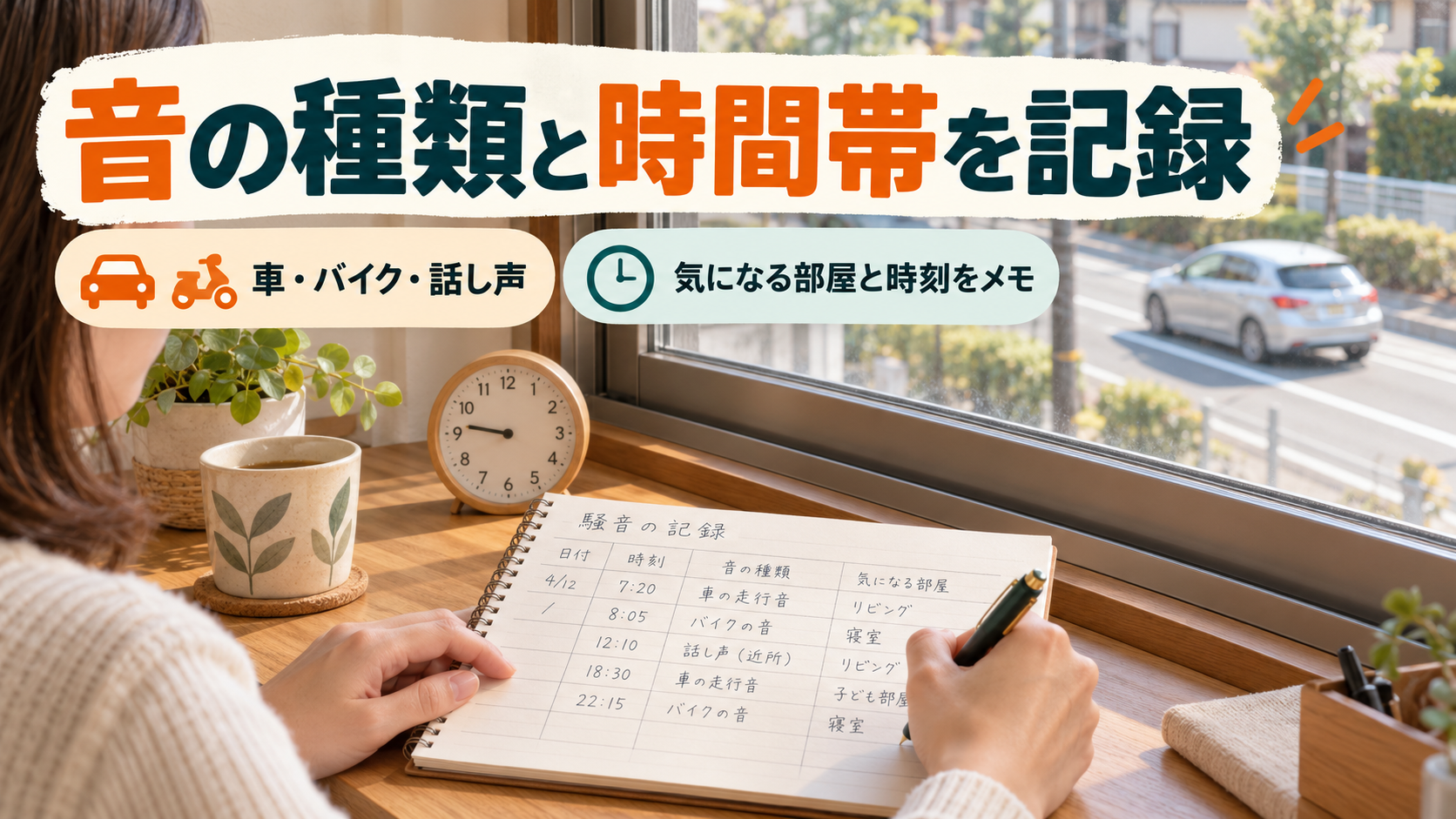 窓の近くで車やバイクの音と、気になる部屋・時間帯をノートに記録する様子