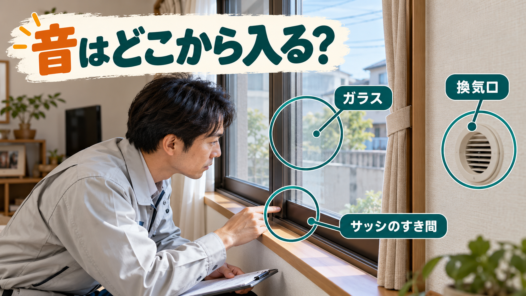 閉じた窓のガラス・サッシのすき間・壁の換気口を確認する施工スタッフ