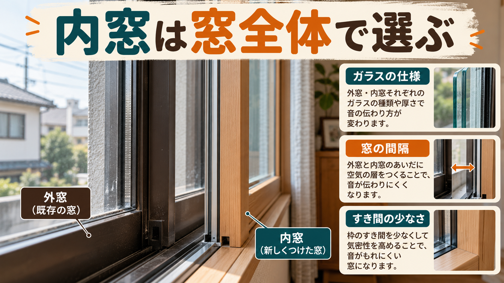 外窓と内窓の構造を示し、ガラスの仕様・窓の間隔・すき間の少なさを説明する図