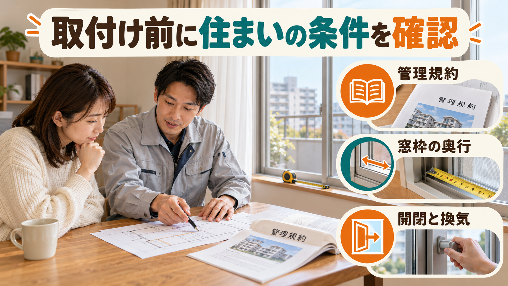 住まいの管理規約、窓枠の奥行き、取り付け後の開閉と換気を相談する様子