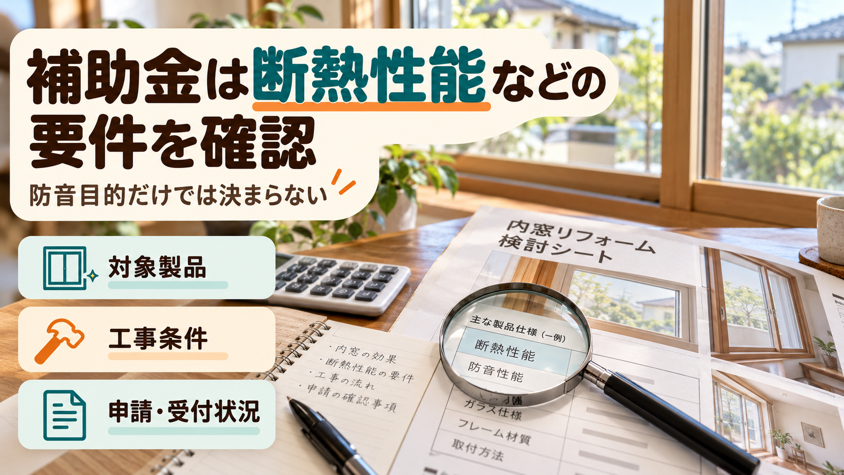 内窓の補助金について、断熱性能・対象製品・工事条件・申請状況を確認するイメージ
