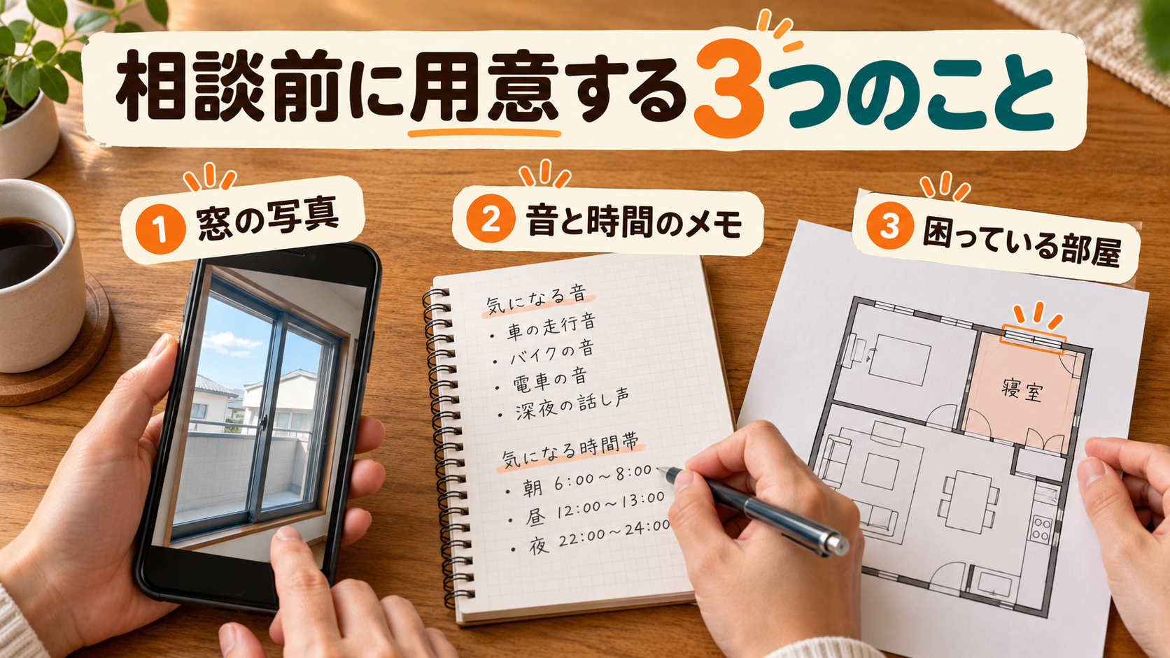 防音相談に向けて窓の写真、音と時間のメモ、困っている部屋の情報を用意するイメージ