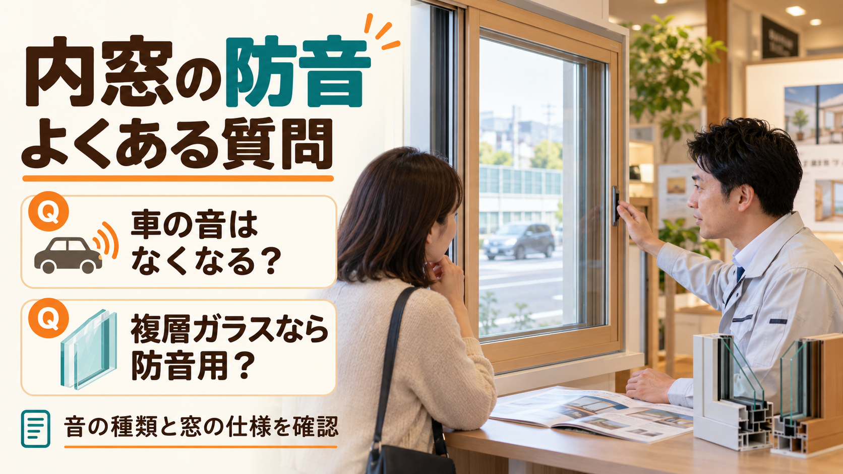 内窓の防音効果と複層ガラスの違いについて、窓の展示を見ながら相談する様子