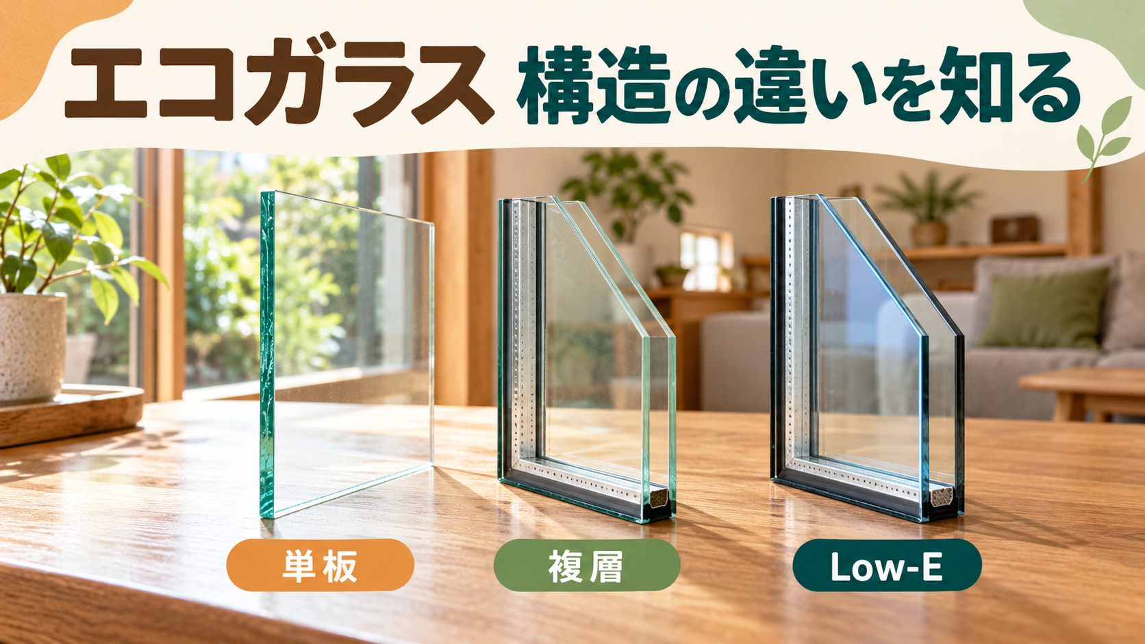 単板ガラスと複層ガラスとLow-E複層ガラスの構造を比較する説明図