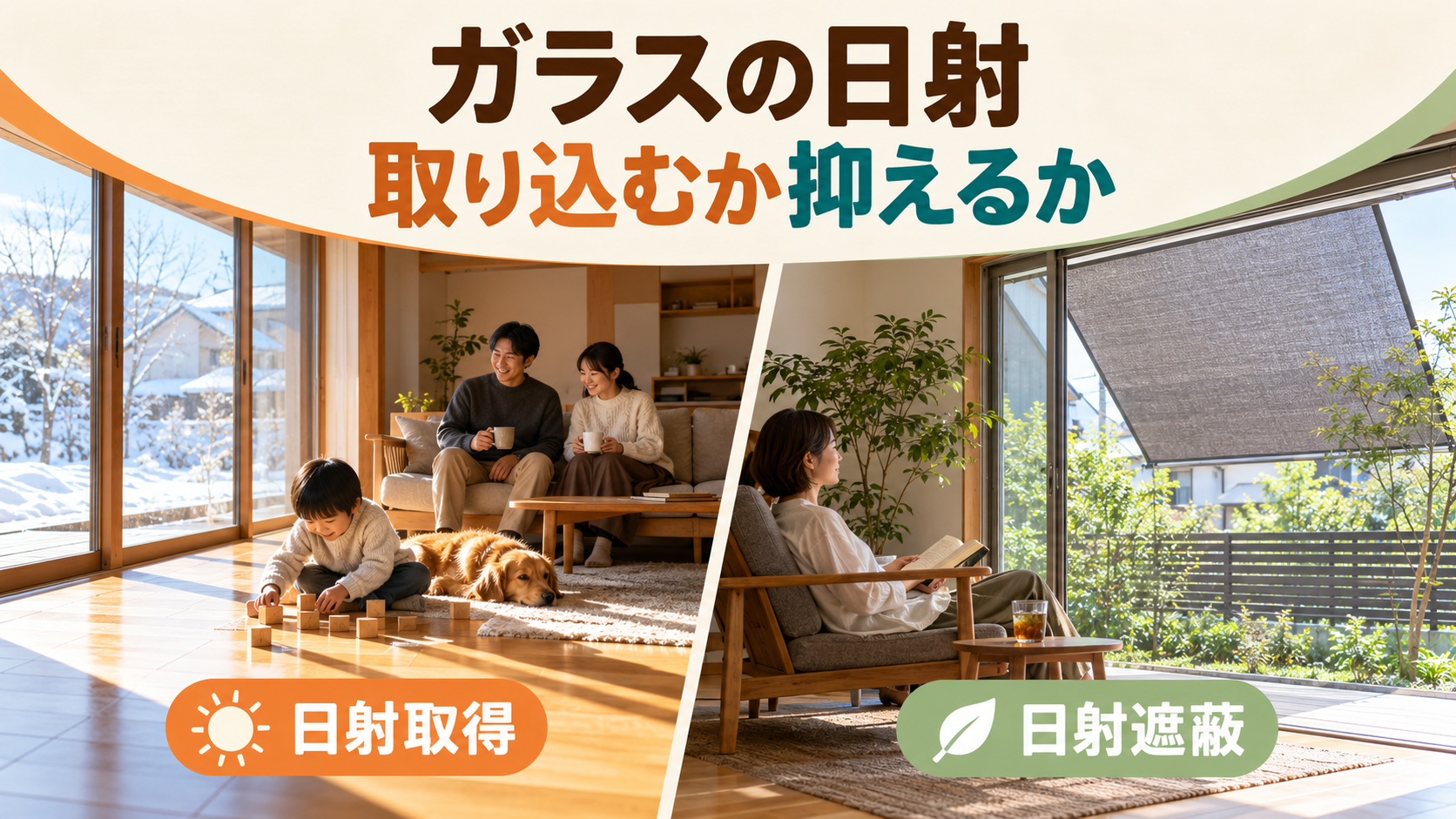 冬の日差しを取り込む窓と夏の日差しを遮る窓を比較するイメージ