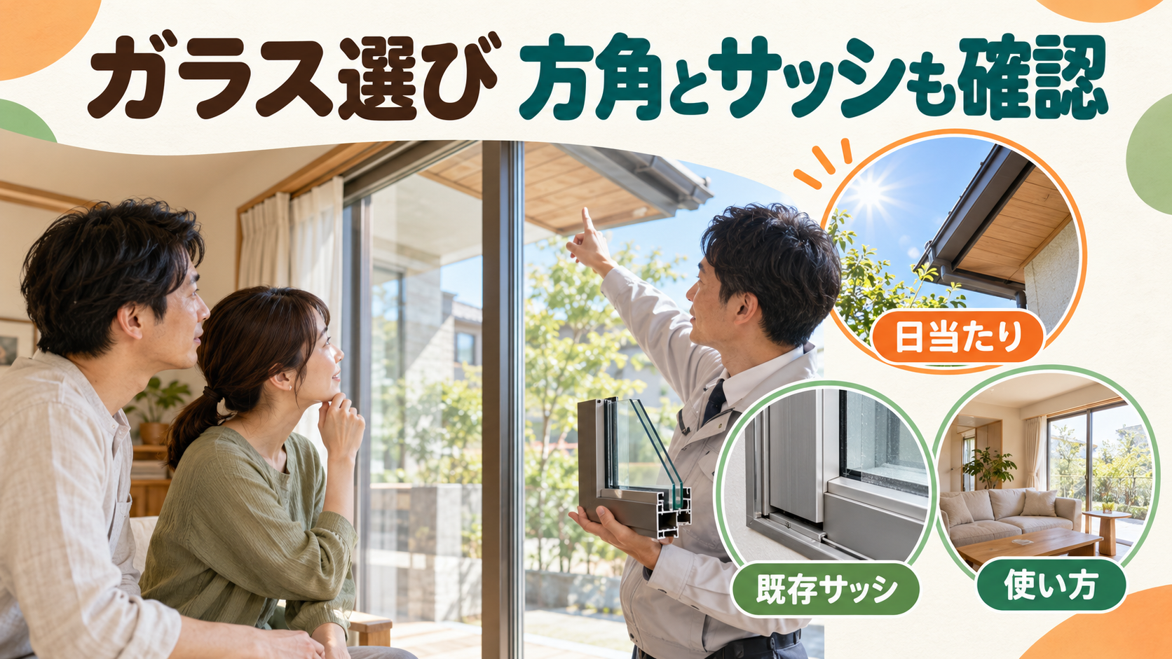 日射の取り込み方と既存サッシの状態を担当者に質問する様子
