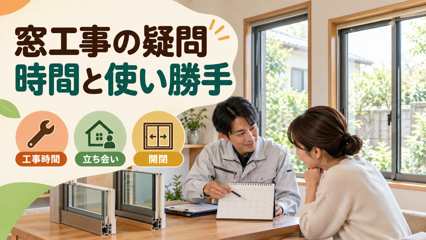 窓工事の時間と立ち会いと開閉の使い勝手を相談する様子