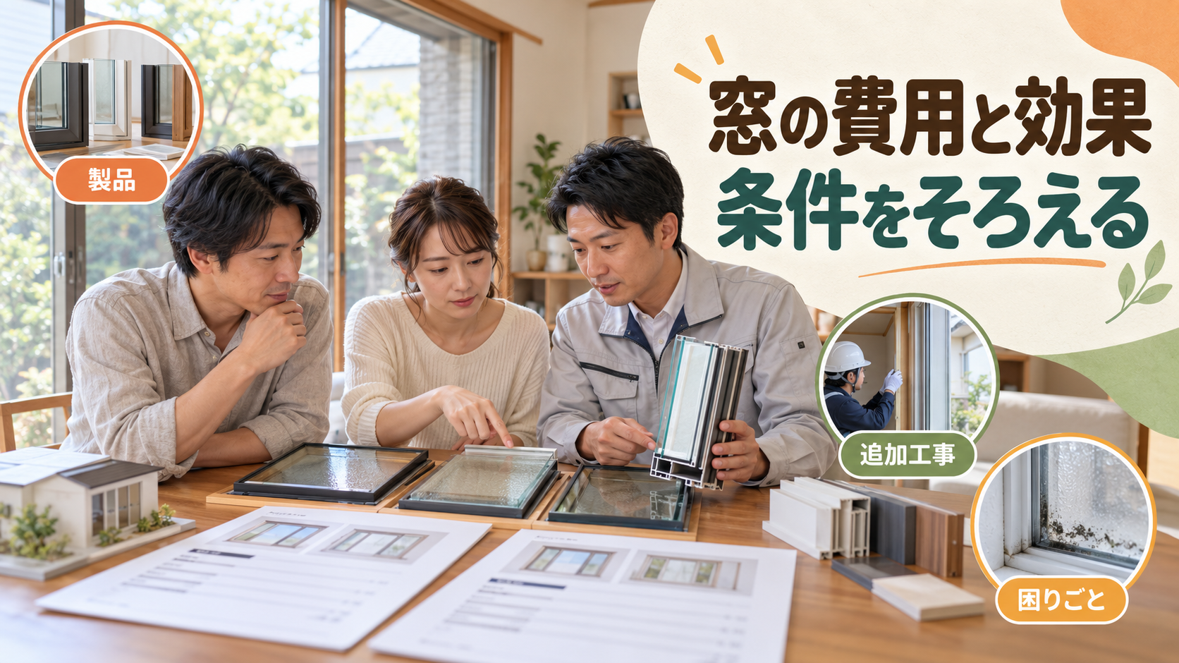 窓の見積書と製品仕様と改善したい症状を比較する様子