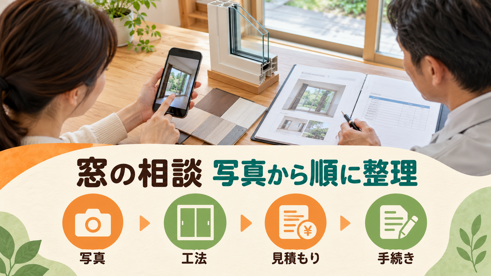 窓の写真から工法と見積もりと手続きへ相談を進めるイメージ