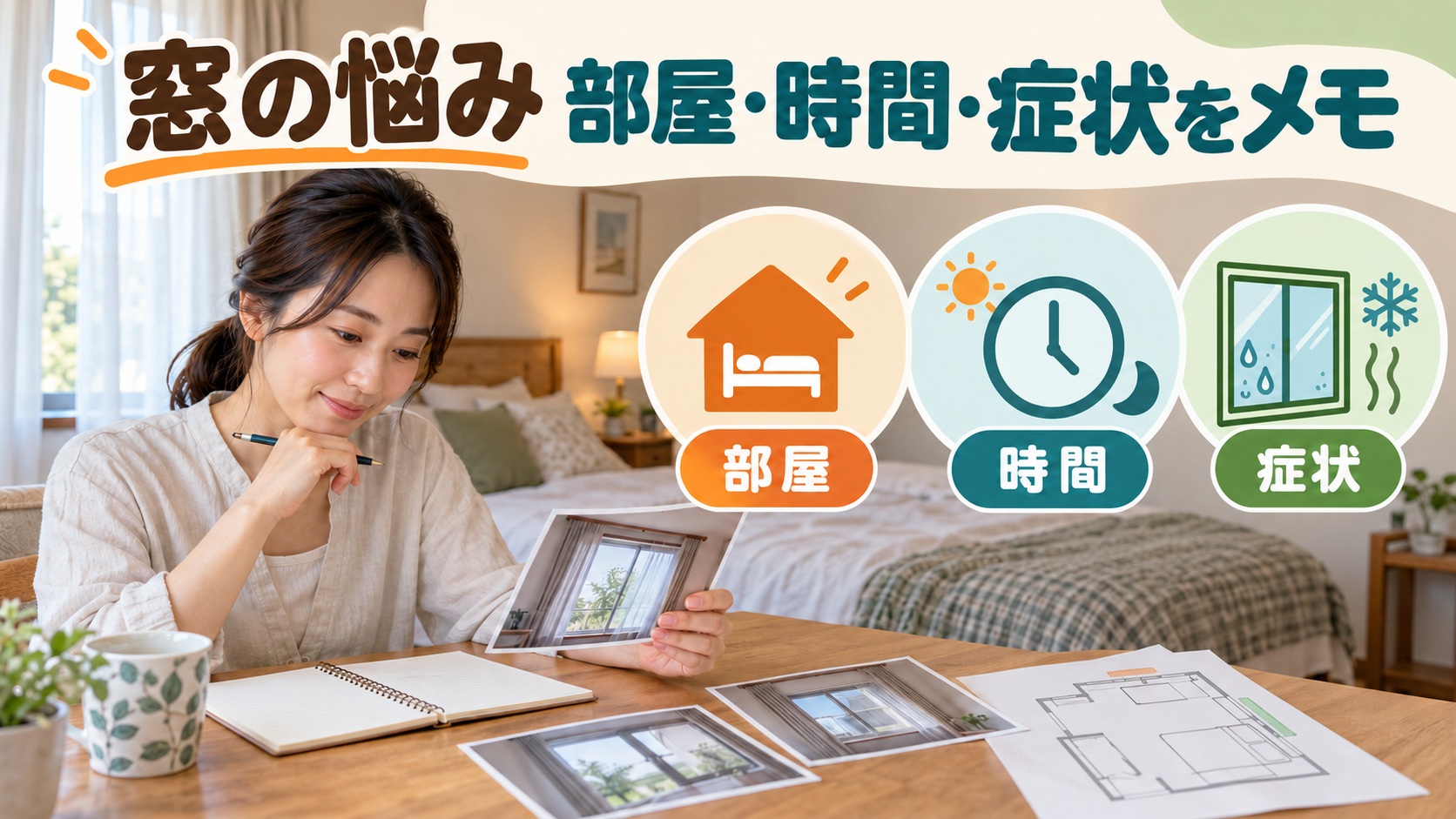 窓の悩みを部屋と時間帯と症状に分けて一行ずつメモする様子