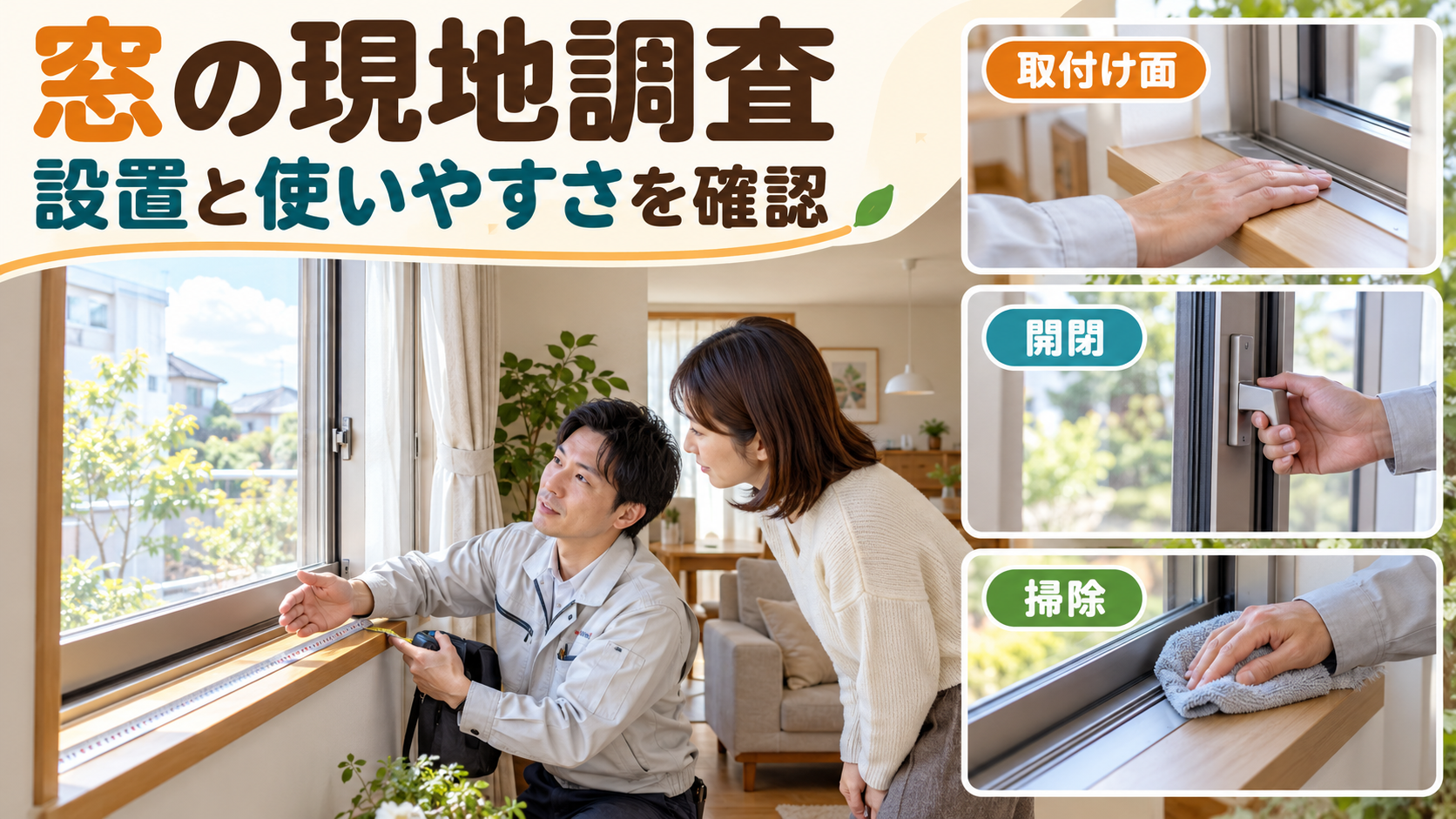 内窓の取付け面と開閉と掃除のしやすさを現地で確認する様子