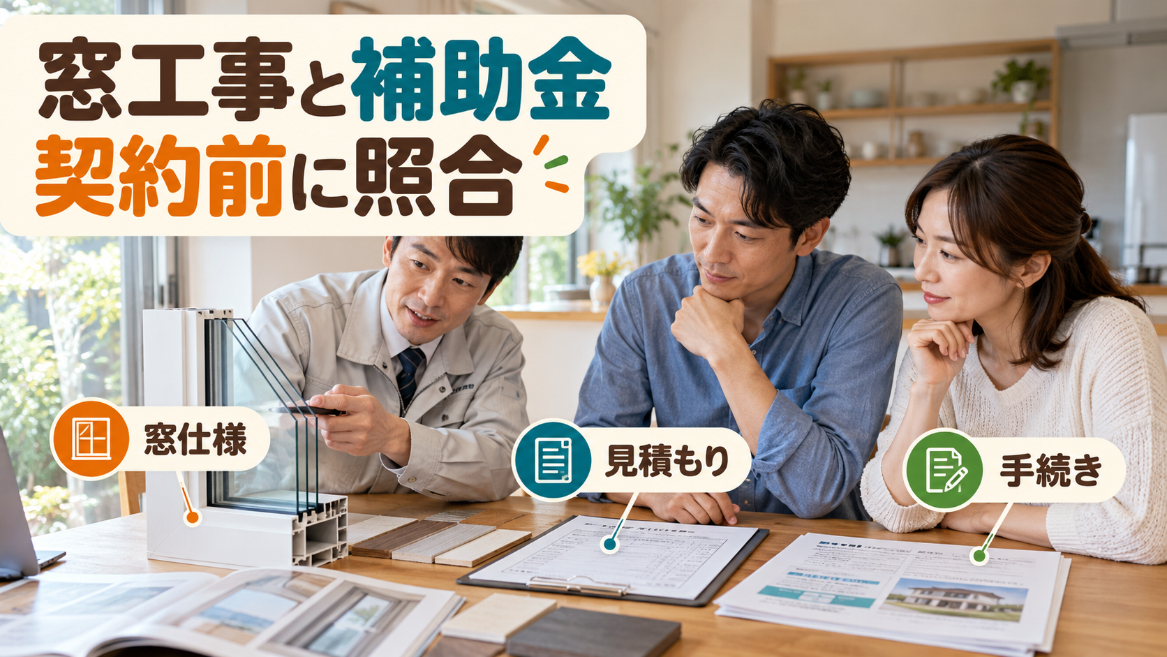 窓仕様と見積書と補助制度の申請条件を契約前に照合する様子