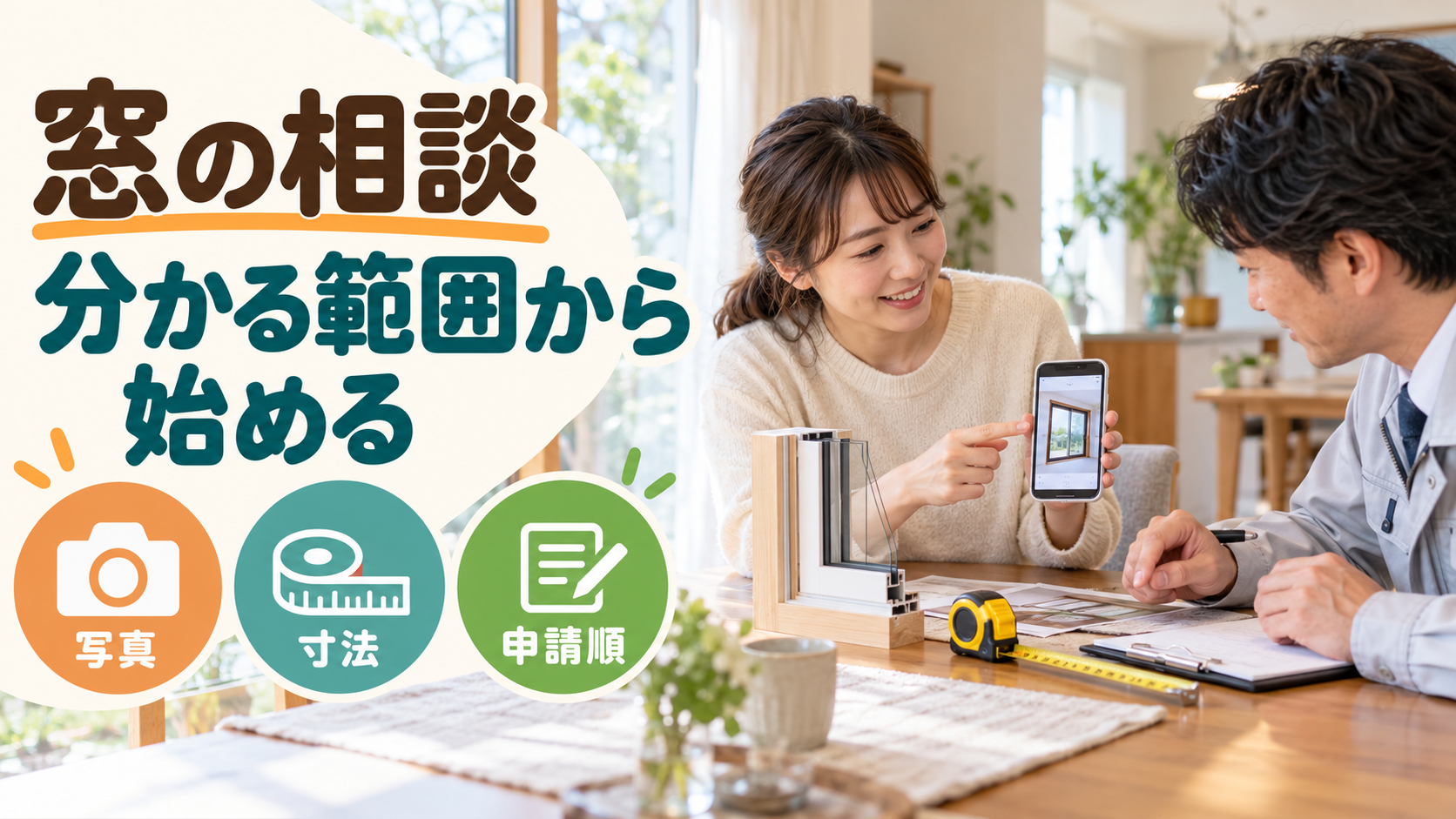 窓の写真や自分で測る寸法と補助金の手続きについて質問する様子