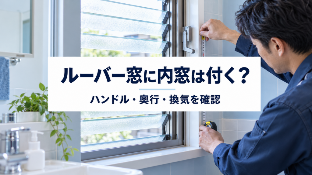 八王子の住宅のルーバー窓でハンドルと窓枠の奥行を調べる様子