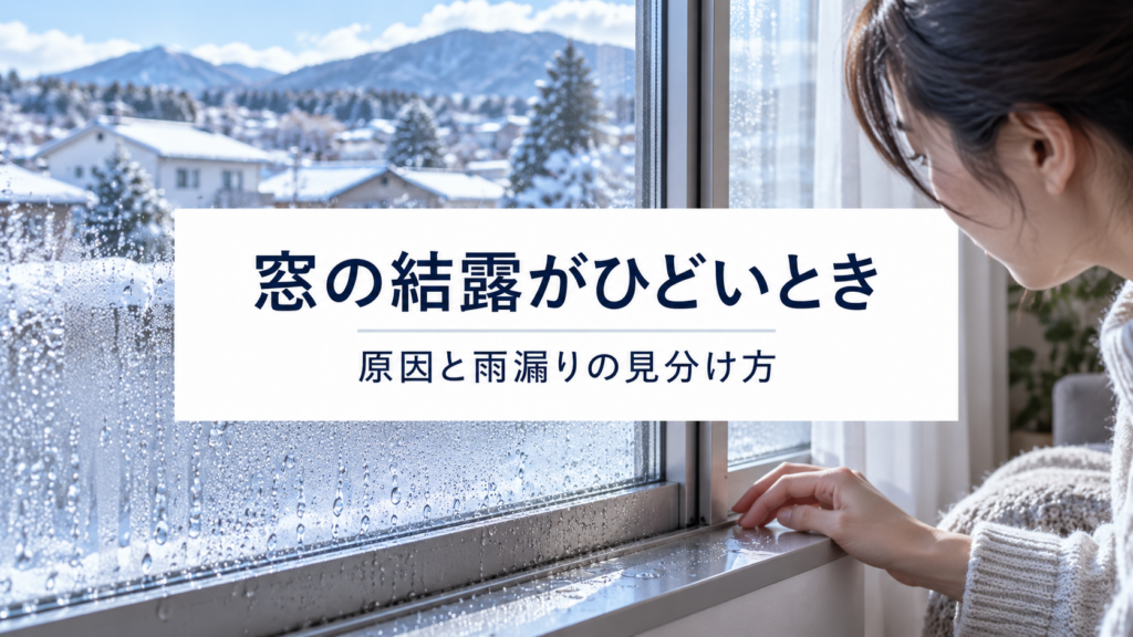八王子の冬の住宅で窓ガラスと下枠の結露を確認する様子
