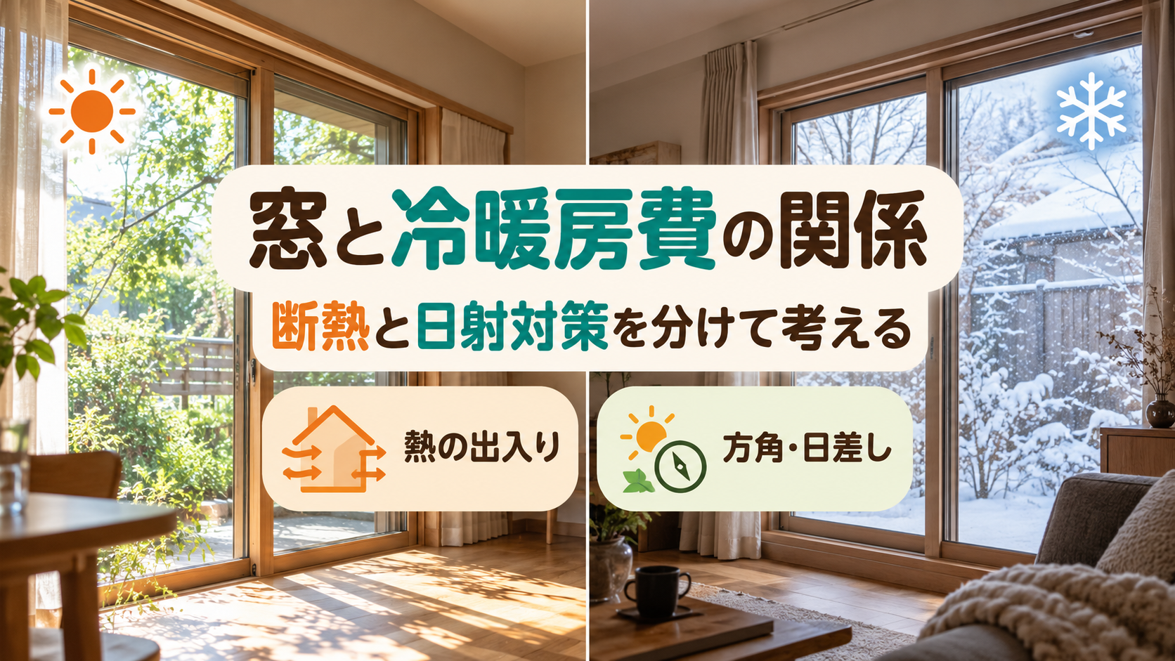夏の日射と冬に室内から逃げる熱を分けて窓の断熱を考えるイメージ