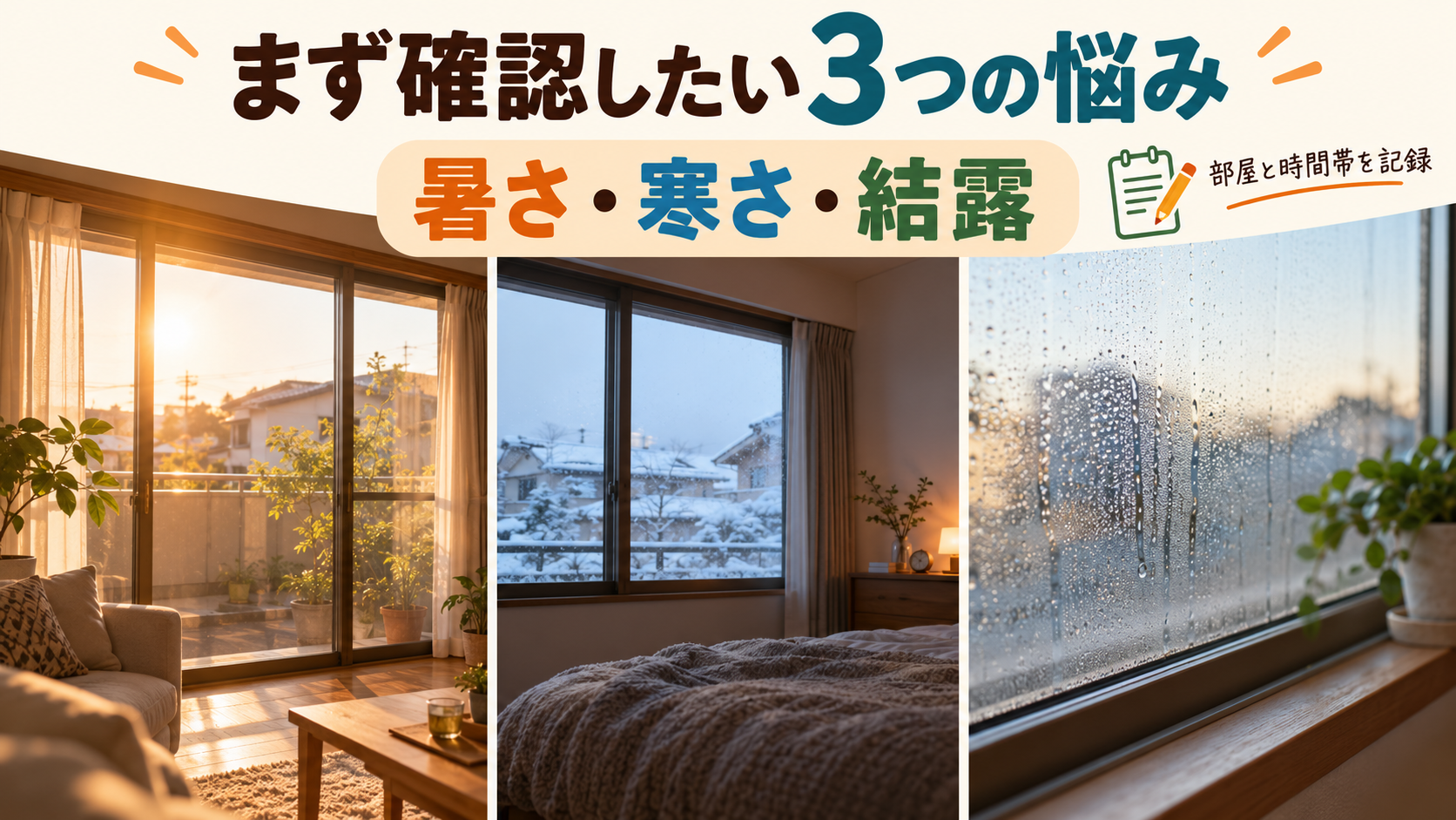 窓から入る夏の日差し、冬の冷え、朝の結露を分けて確認するイメージ