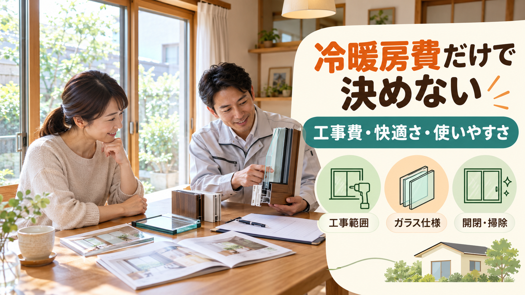 窓リフォームの費用に加えて快適さ、掃除と開閉、工事範囲を比較するイメージ
