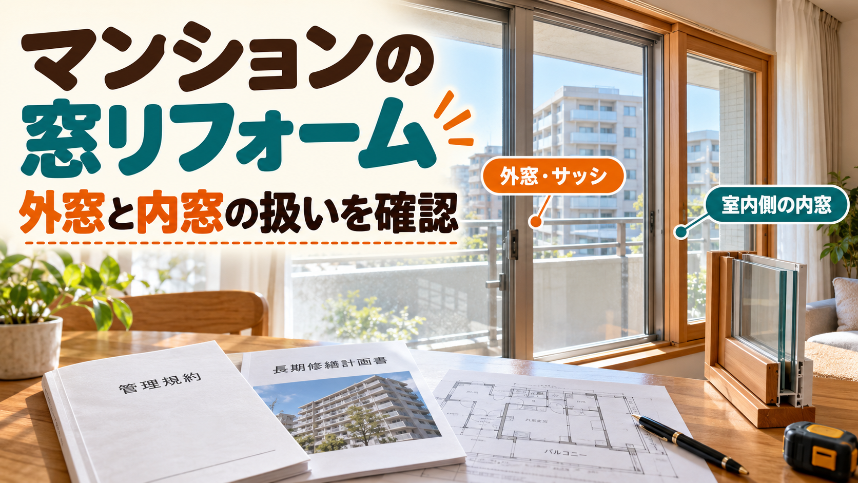 マンションの外窓やサッシと室内側の内窓の違いを管理規約と合わせて確認するイメージ