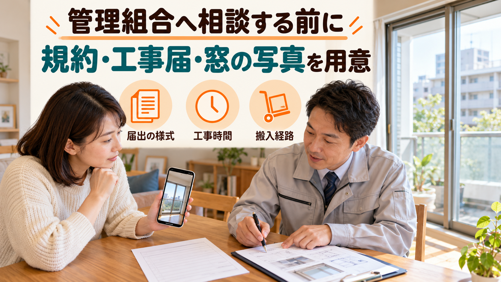 管理規約や工事届、窓の写真を用意して管理組合へ相談するイメージ