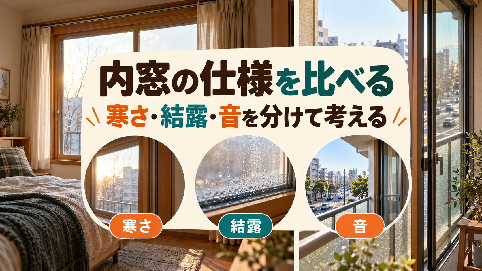 マンションの寒さや結露、道路の音を分けて内窓の仕様を選ぶイメージ
