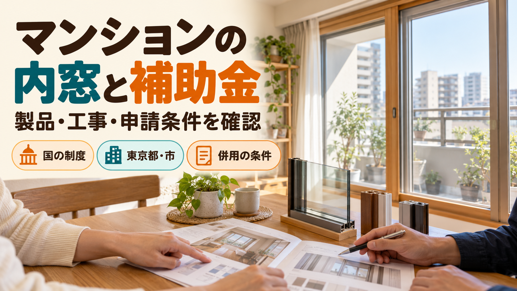 マンションの内窓の対象製品、工事条件と各補助制度の条件を確認するイメージ