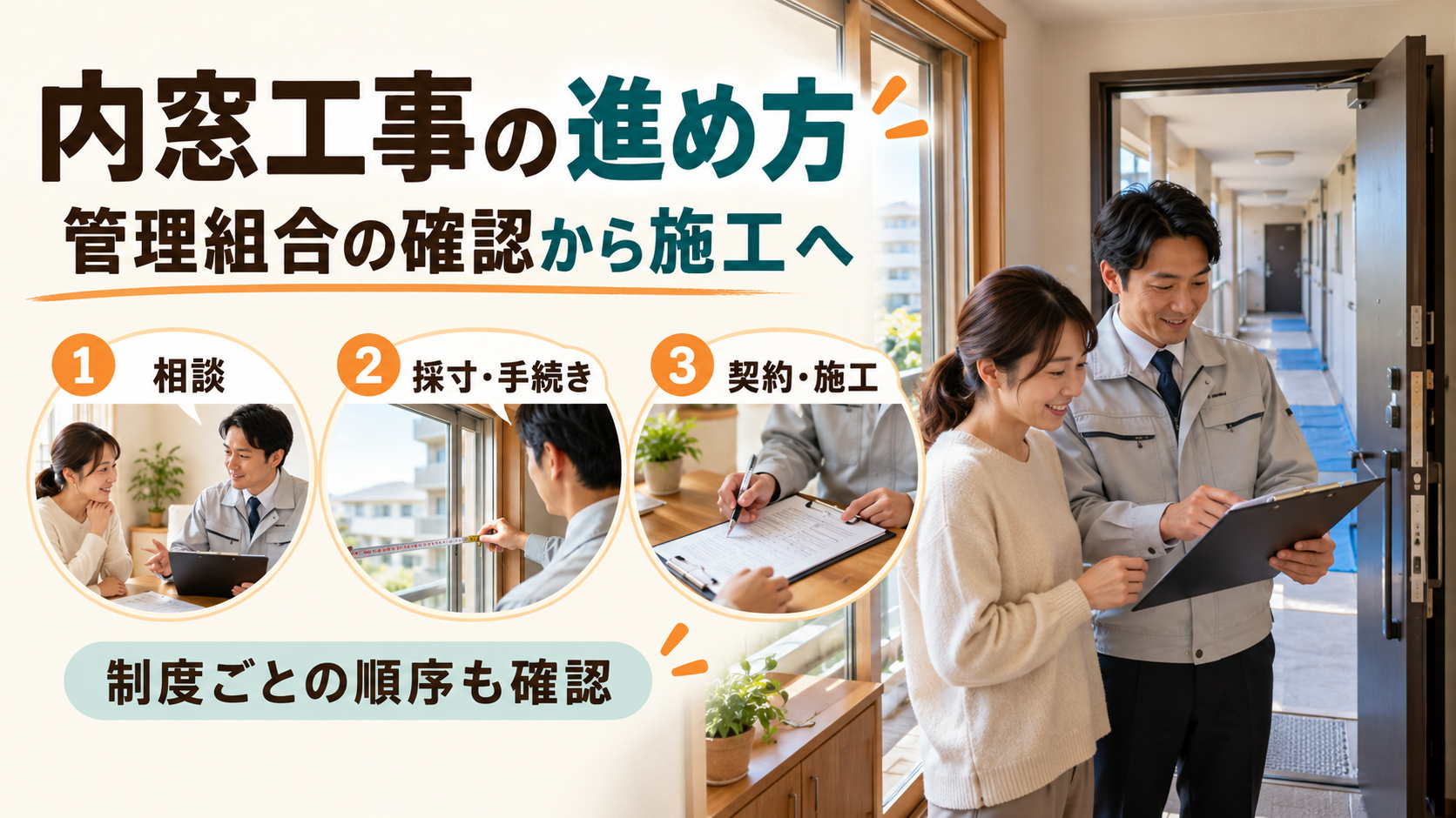 マンションの管理組合への相談から採寸、手続き、契約と施工までを確認するイメージ