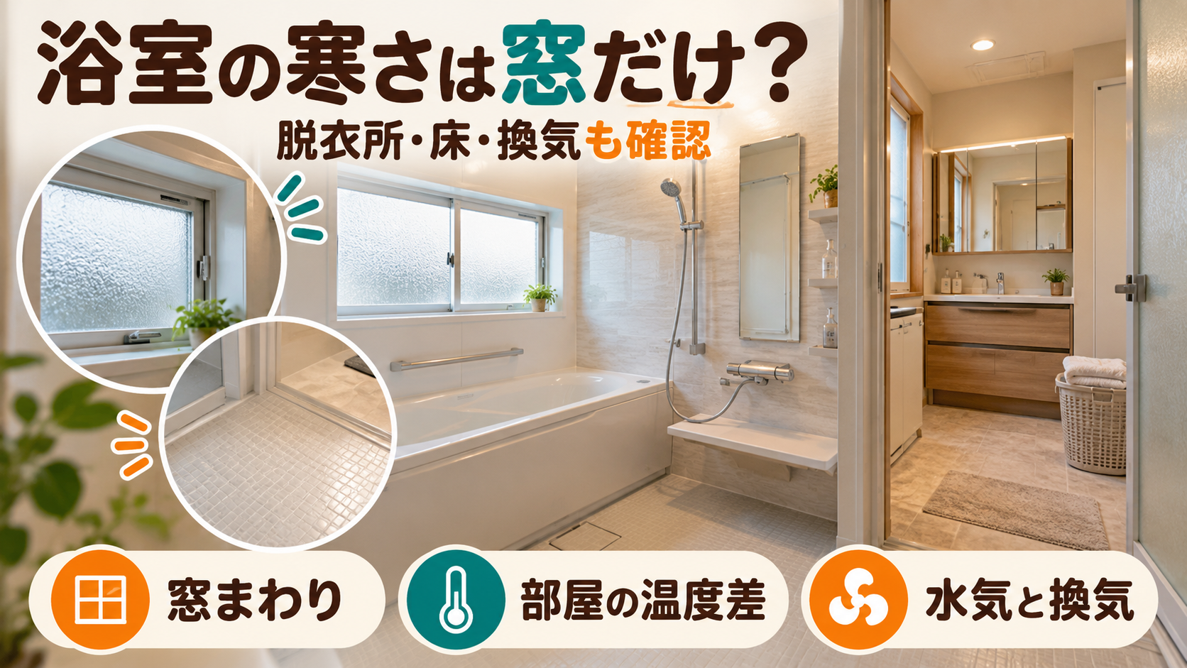 浴室の窓、床、隣接する脱衣所と換気を分けて寒さの原因を確認するイメージ