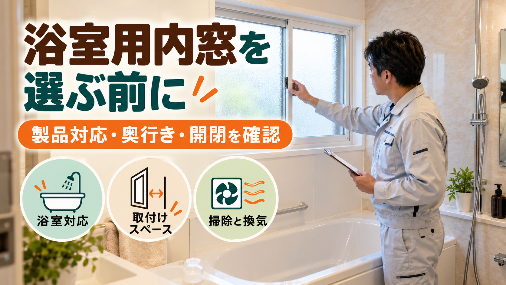 浴室用内窓の製品対応と取付けスペース、開閉や掃除の方法を施工店が確認するイメージ