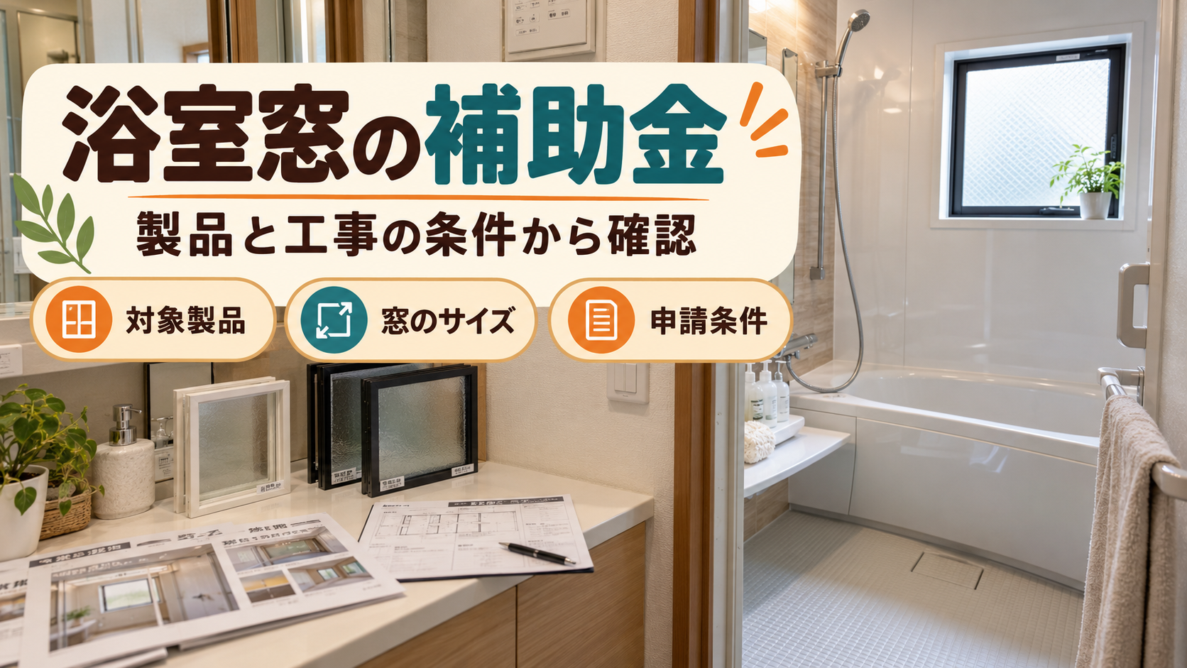 浴室窓の補助金について製品、窓のサイズ、申請条件の順に確認するイメージ