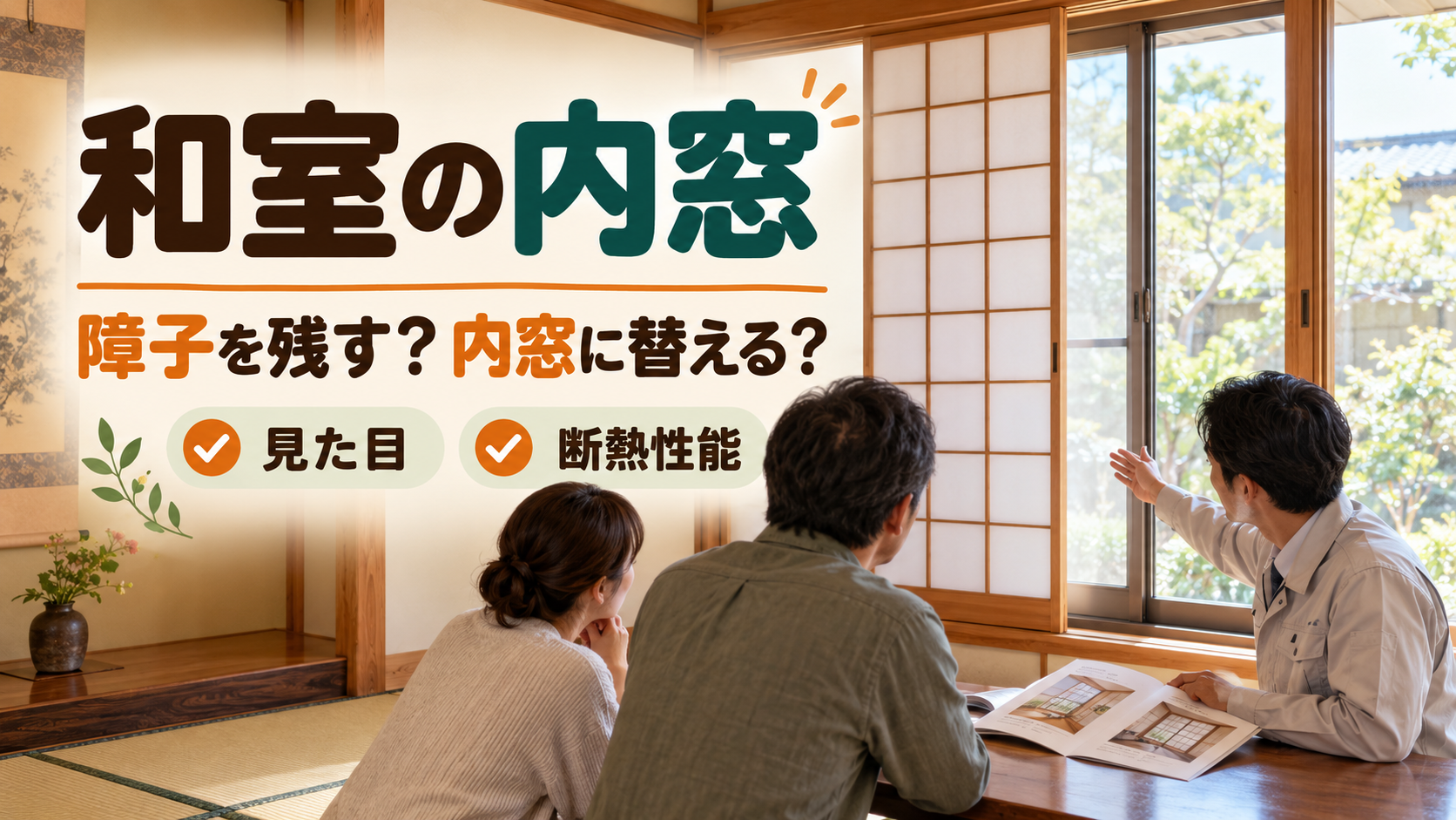 障子の見た目を残すか内窓に替えるかを和室で相談するイメージ