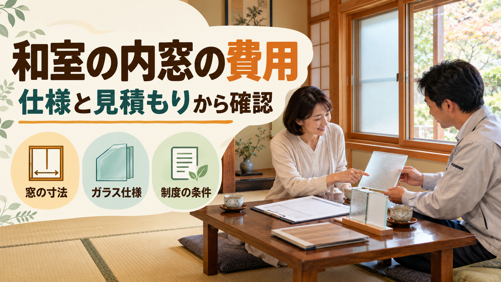 和室の内窓の寸法とガラス仕様を整理して見積もりや制度条件を確認するイメージ
