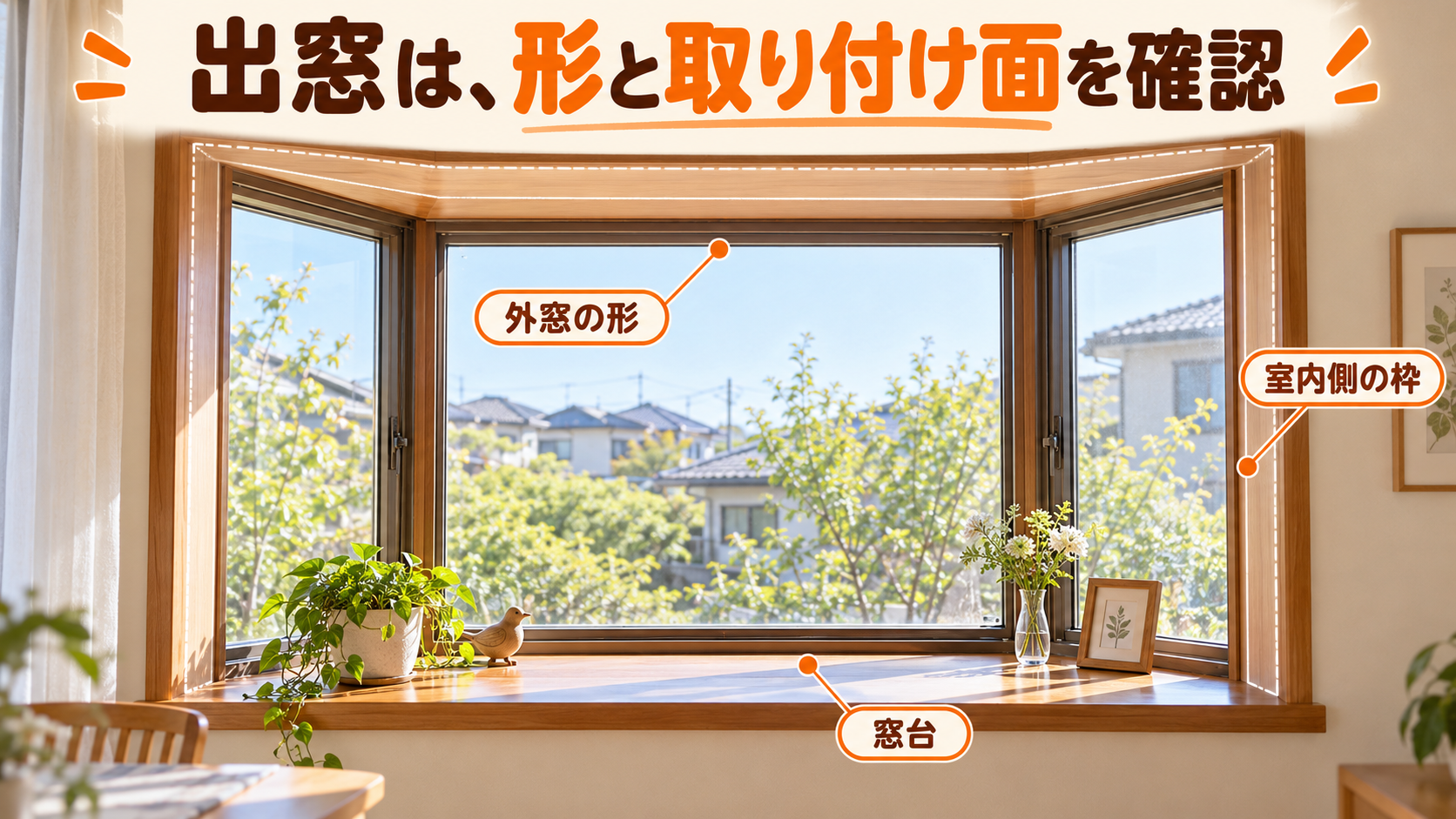 台形の出窓の外窓と室内側の平らな取り付け枠、窓台を確認するイメージ