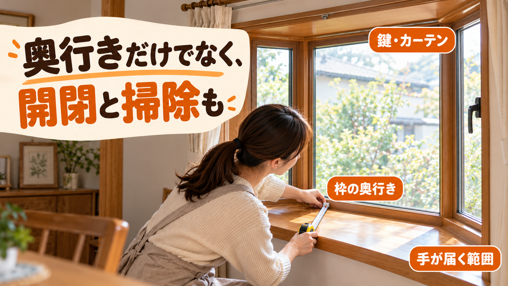 出窓の室内側の奥行きと鍵、カーテン、掃除のための空間を測るイメージ