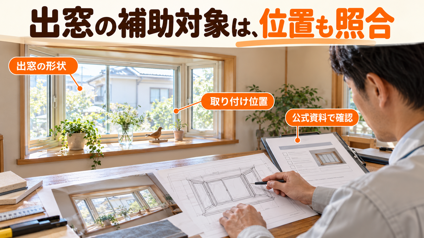 出窓の形状と内窓の設置位置を公式資料や図面と照合するイメージ