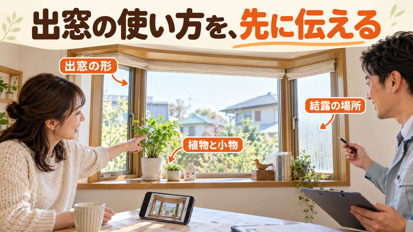 出窓の形、植物や小物の置き場所、結露について施工店と相談するイメージ