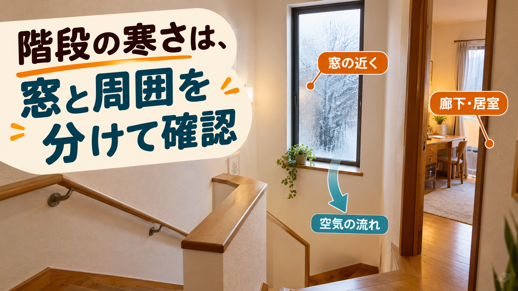 階段の踊り場の窓付近と廊下や居室の寒さを分けて確認するイメージ