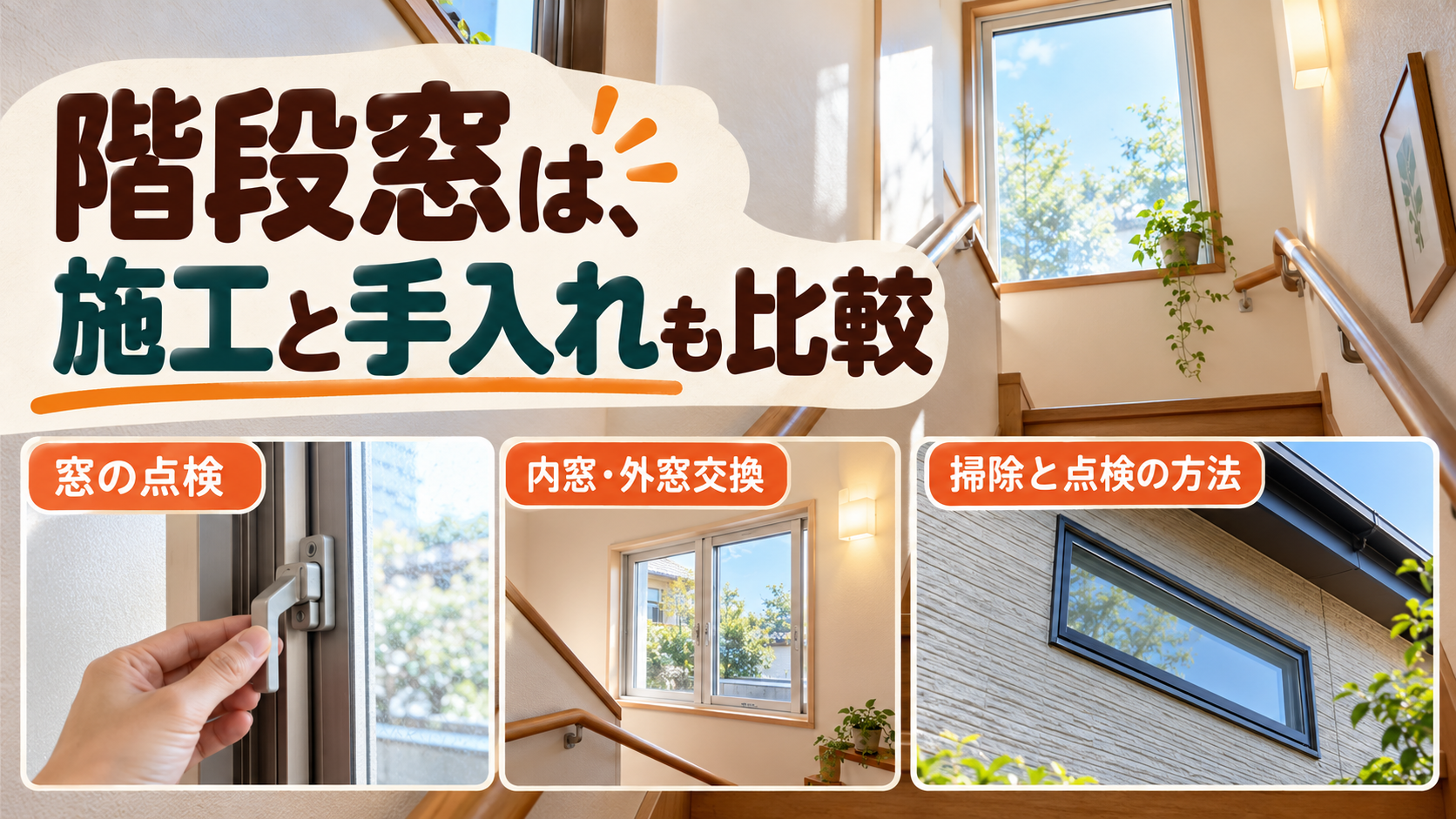 階段窓の点検、内窓、外窓交換と高所の掃除方法を比較するイメージ
