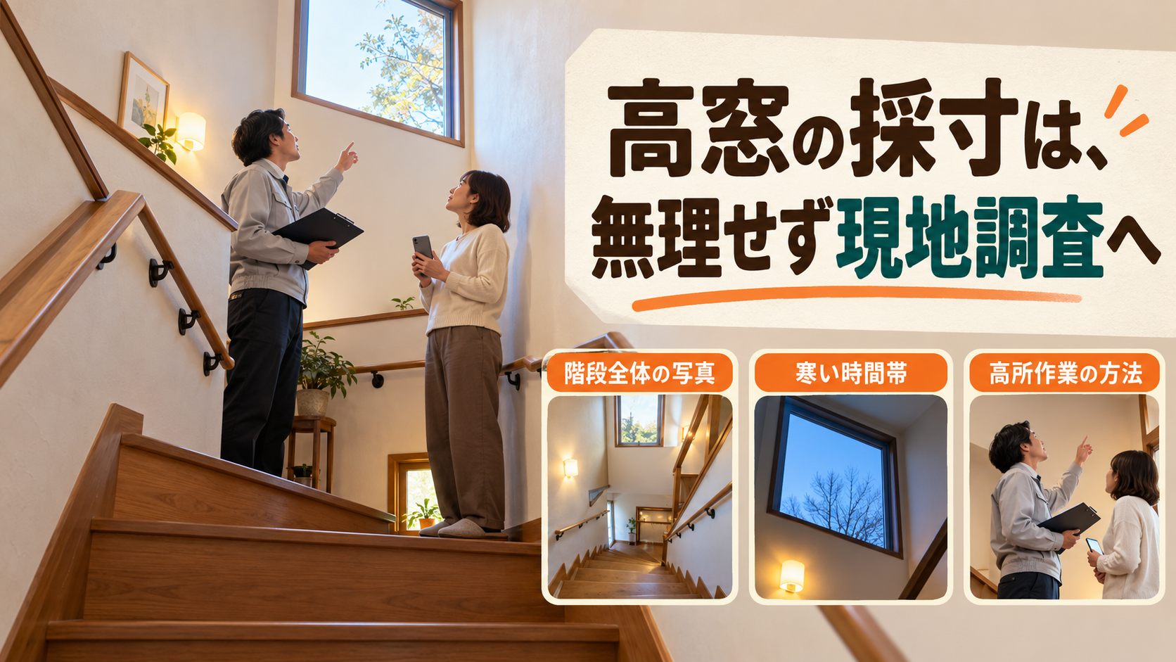 安全な踊り場から階段全体と高窓の写真を用意し施工方法を相談するイメージ