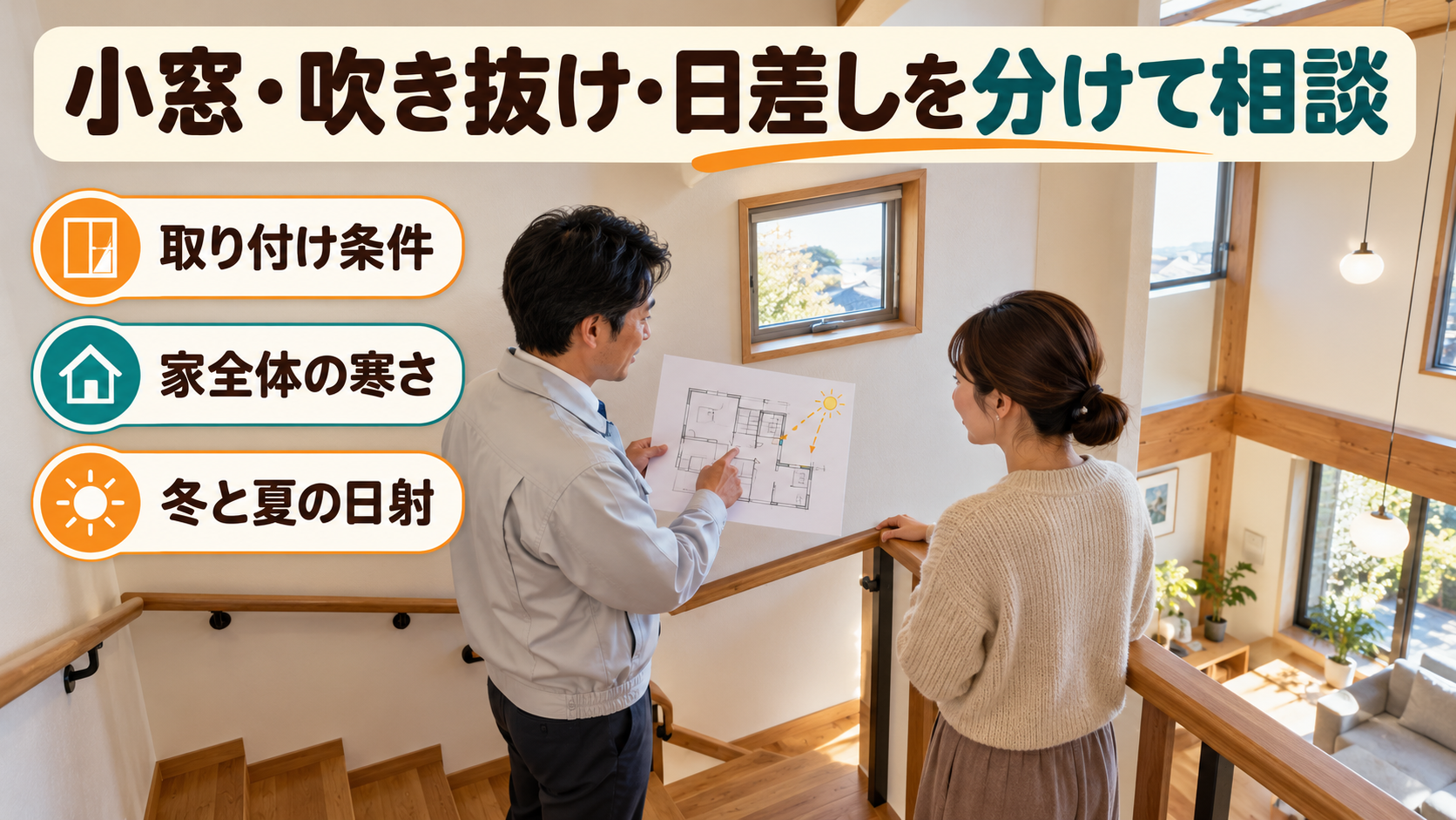 階段の小窓、吹き抜け、季節の日差しを分けて施工店へ相談するイメージ