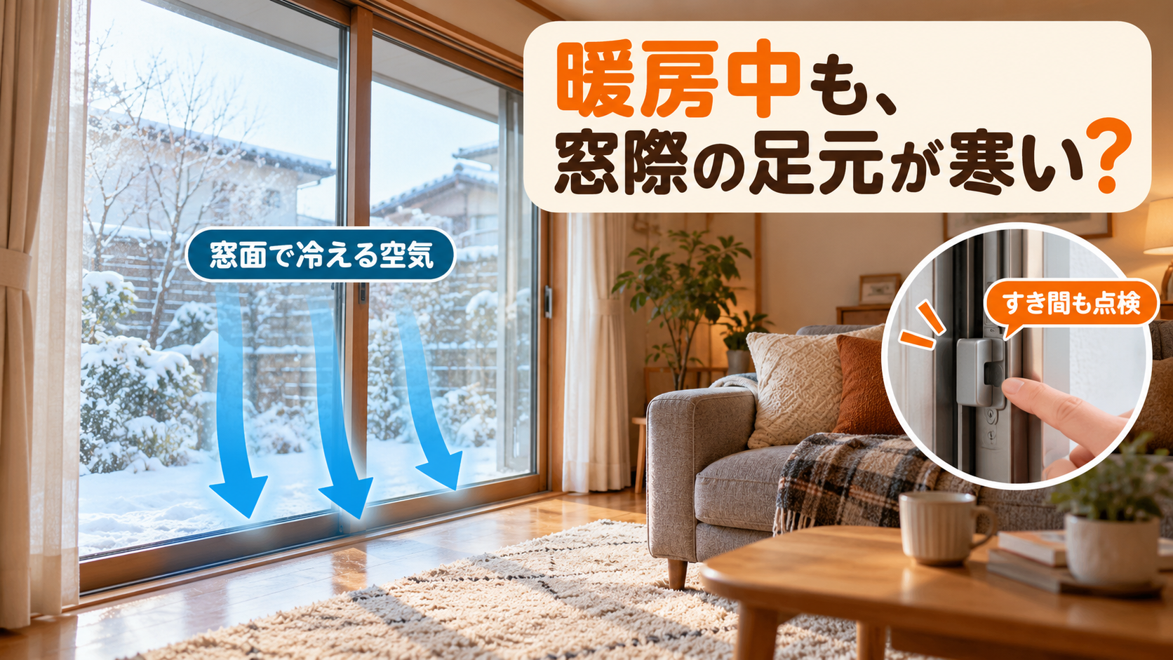 リビングの大きな窓の室内側で冷えた空気が足元へ流れる様子とすき間風を分けたイメージ