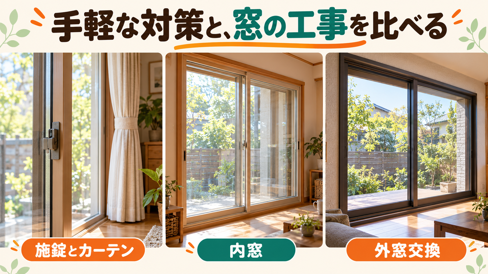 大きな窓の施錠点検やカーテンと内窓、外窓交換を比較するイメージ