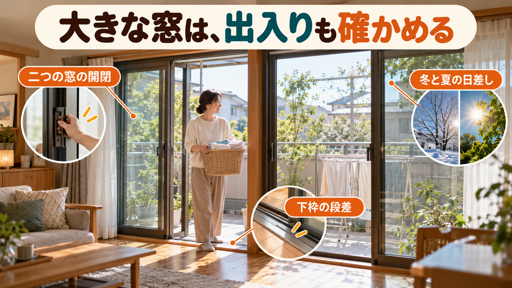 大きな掃き出し窓の二重の開閉やベランダへの出入りと日差しを確認するイメージ