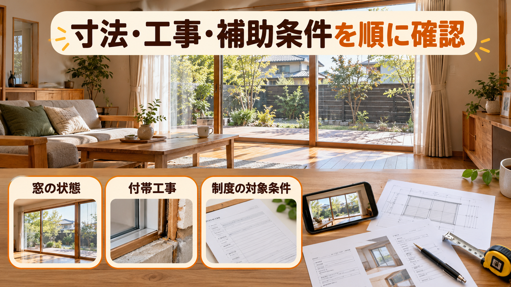 窓の寸法、製品と付帯工事、補助条件を順に照合するイメージ