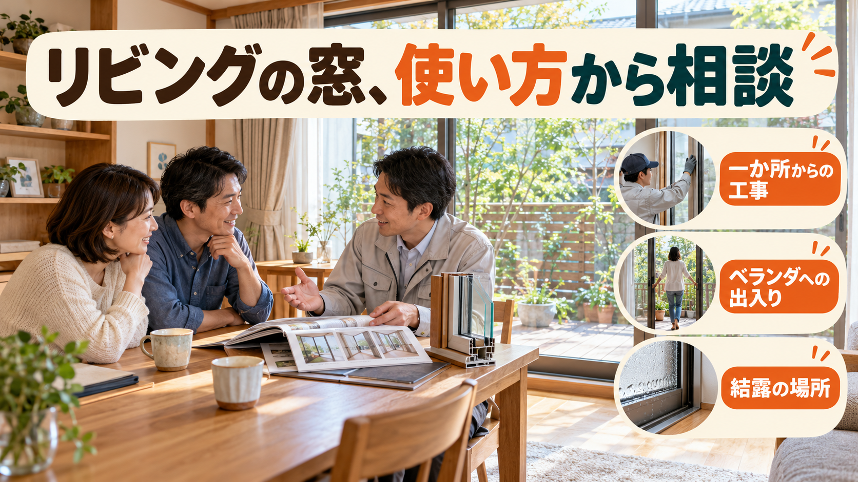 リビングの大きな窓一か所の工事、出入り、結露について相談するイメージ