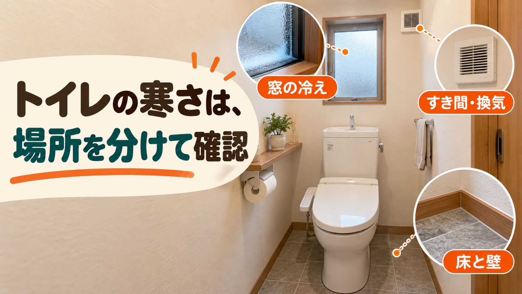トイレの小窓のガラスや枠、換気、床の冷えを分けて点検するイメージ